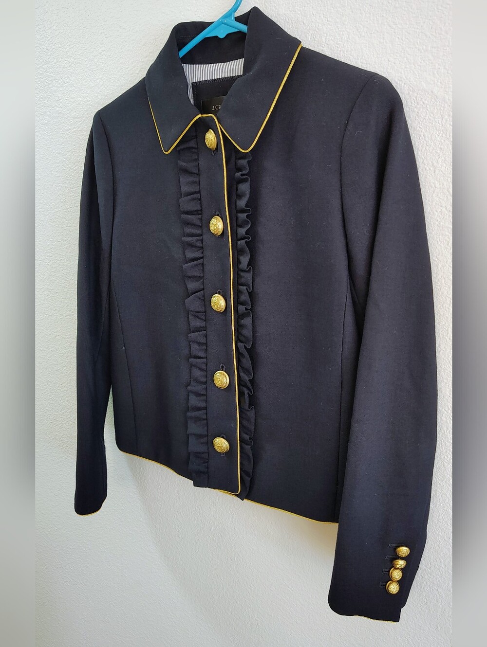 J.Crew Navy Jacket with Gold Piping & Buttons with Ruffles Down the Front Size 0 - Picture 7 of 15